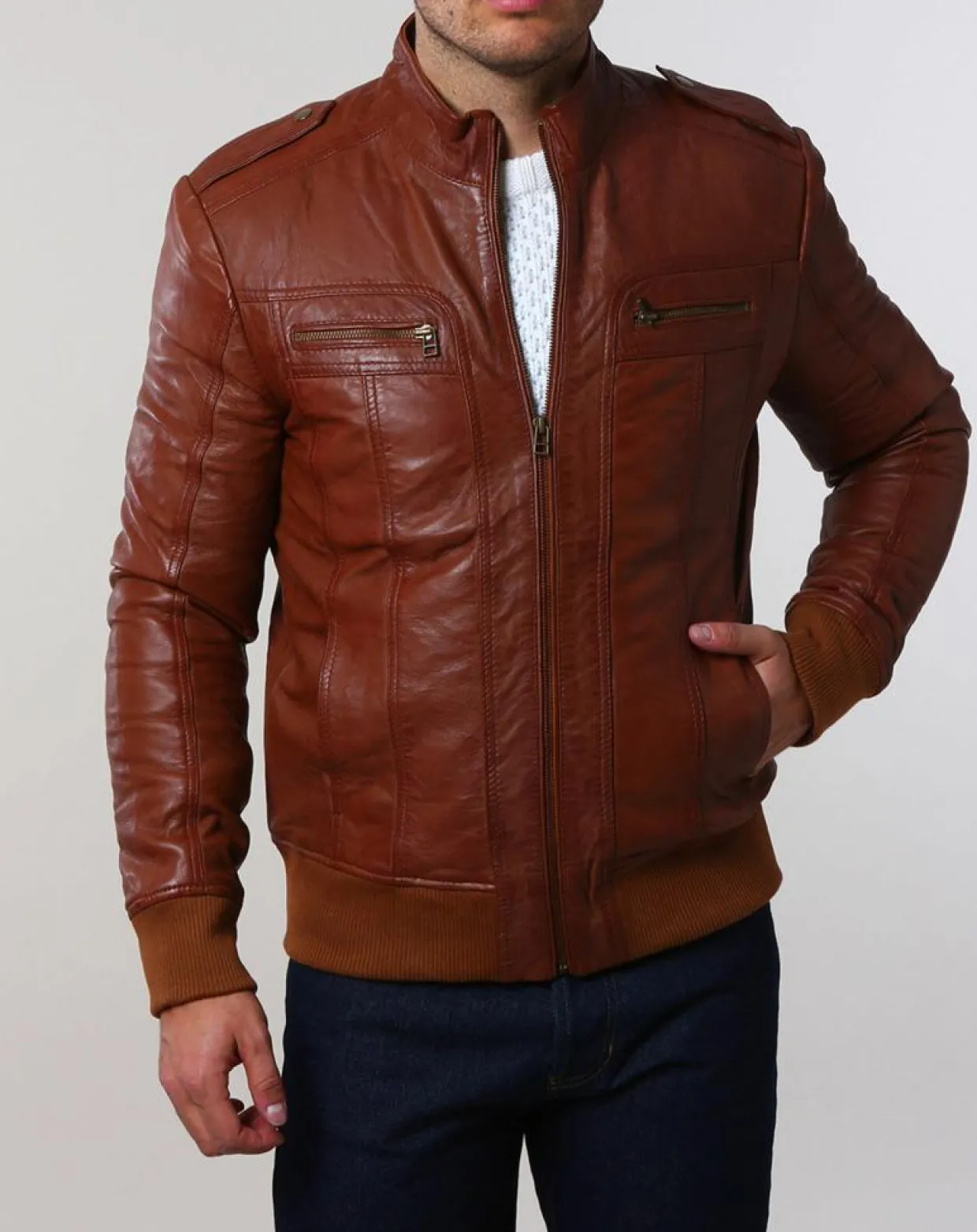 Homme Chyston Vestes, Blousons^Veste en Cuir Pat cognac