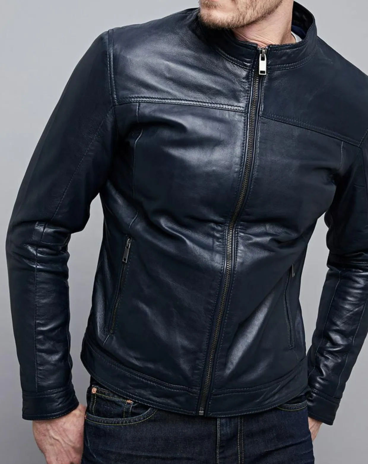 Homme Chyston Vestes, Blousons^Veste en Cuir Raphaël bleu marine