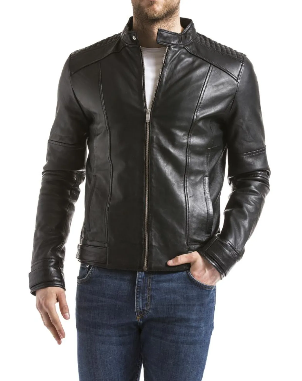 Veste en Cuir Yangtze noire-Blue Wellford New